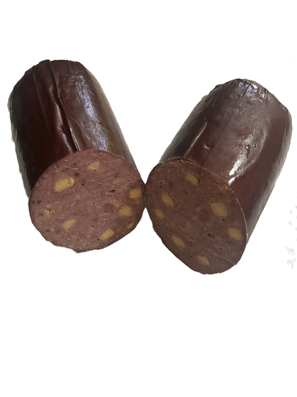 Thumbnail: Homemade summer sausage with high temp cheddar cheese cubes throughout sliced sausage