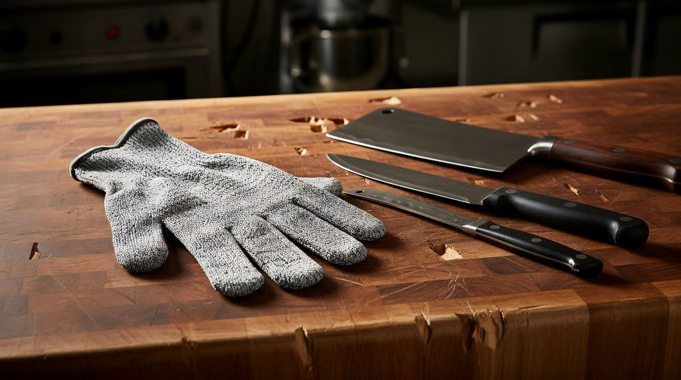Thumbnail: Cut resistant food safe glove displayed on a wooden cutting board with kitchen knives to the right.