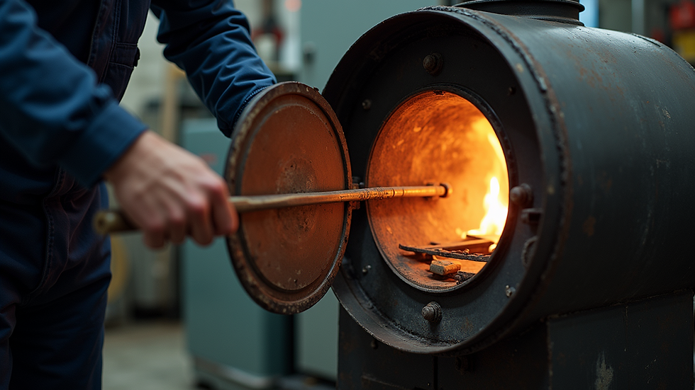 Close-up view of a furnace with maintenance tools nearby