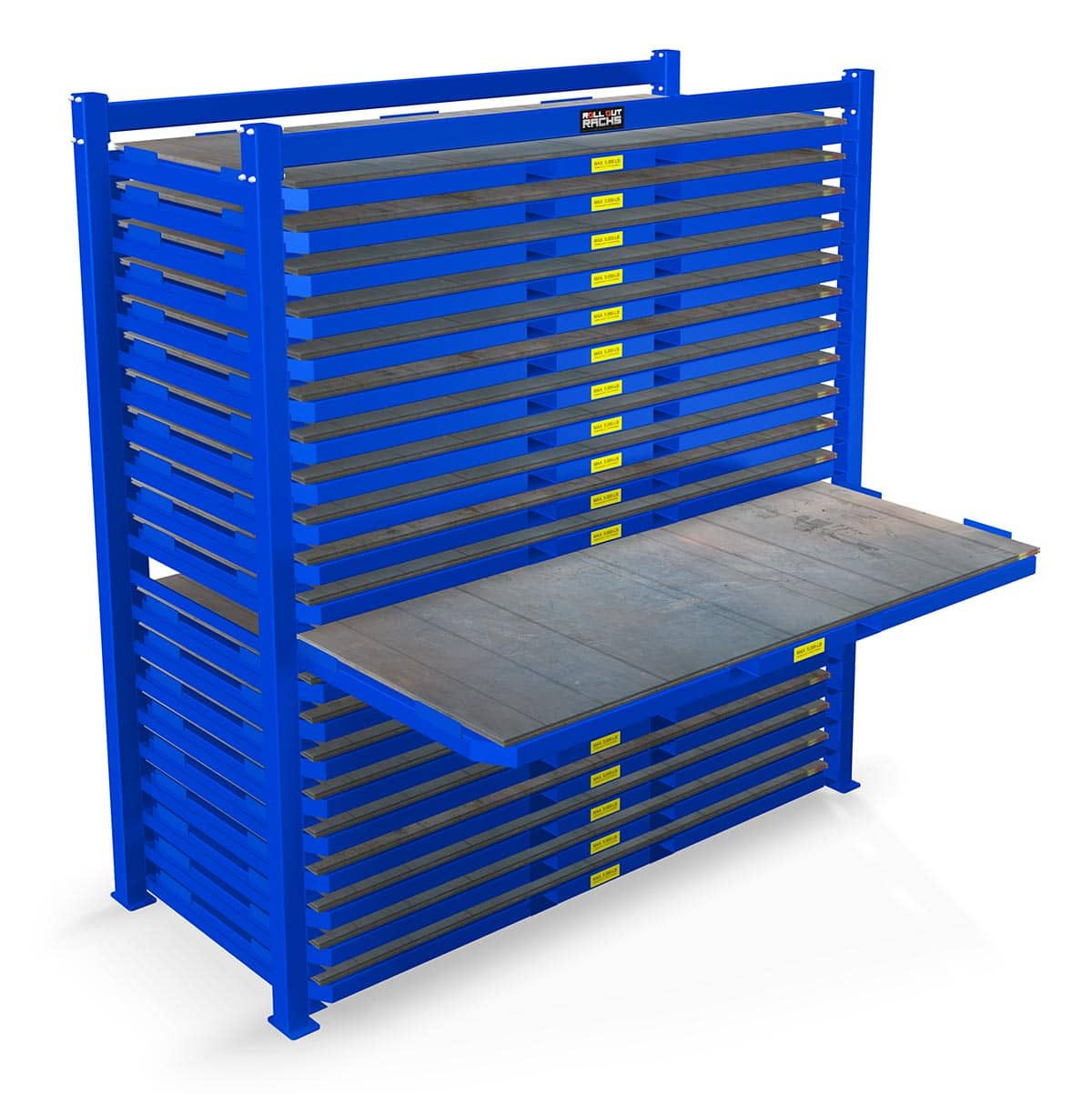 Sheet tower rack with removable cartridges and fork pockets for sheet steel storage
