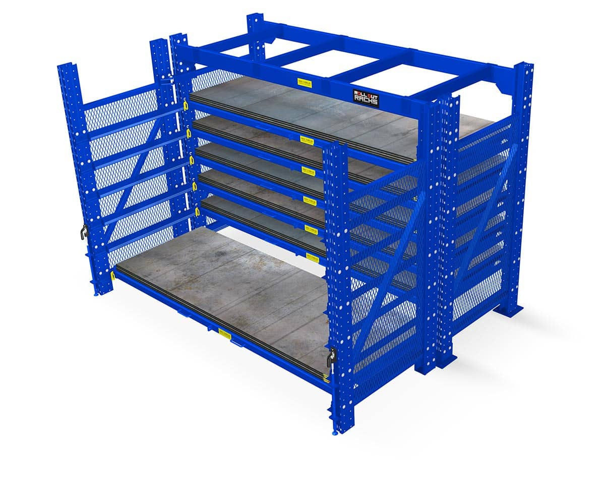 Glide-out sheet rack with roll-out levels for flat steel sheet storage