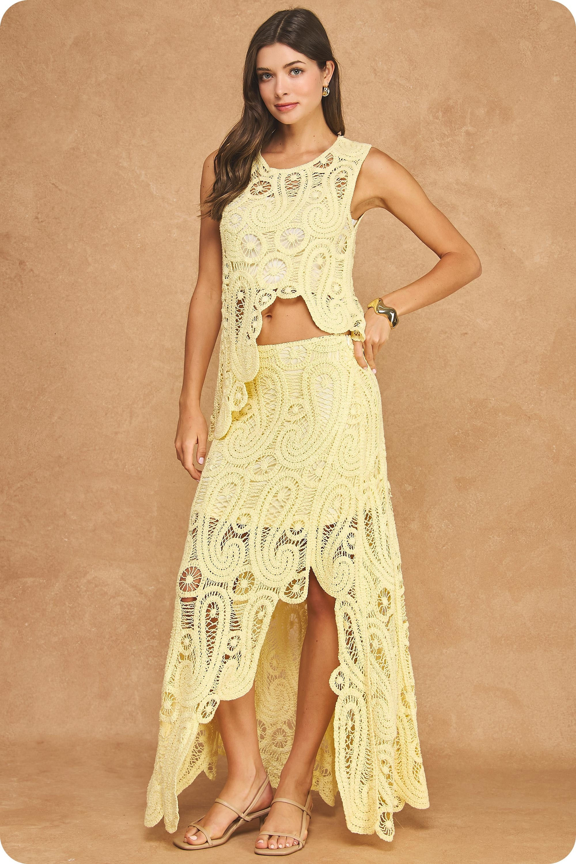 Asymmetric Scalloped Crochet Top And Skirt Set