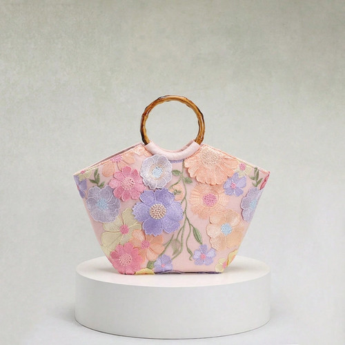 3D Flowers Pastel Handbag with Bamboo Handle | Cabanachic.shop