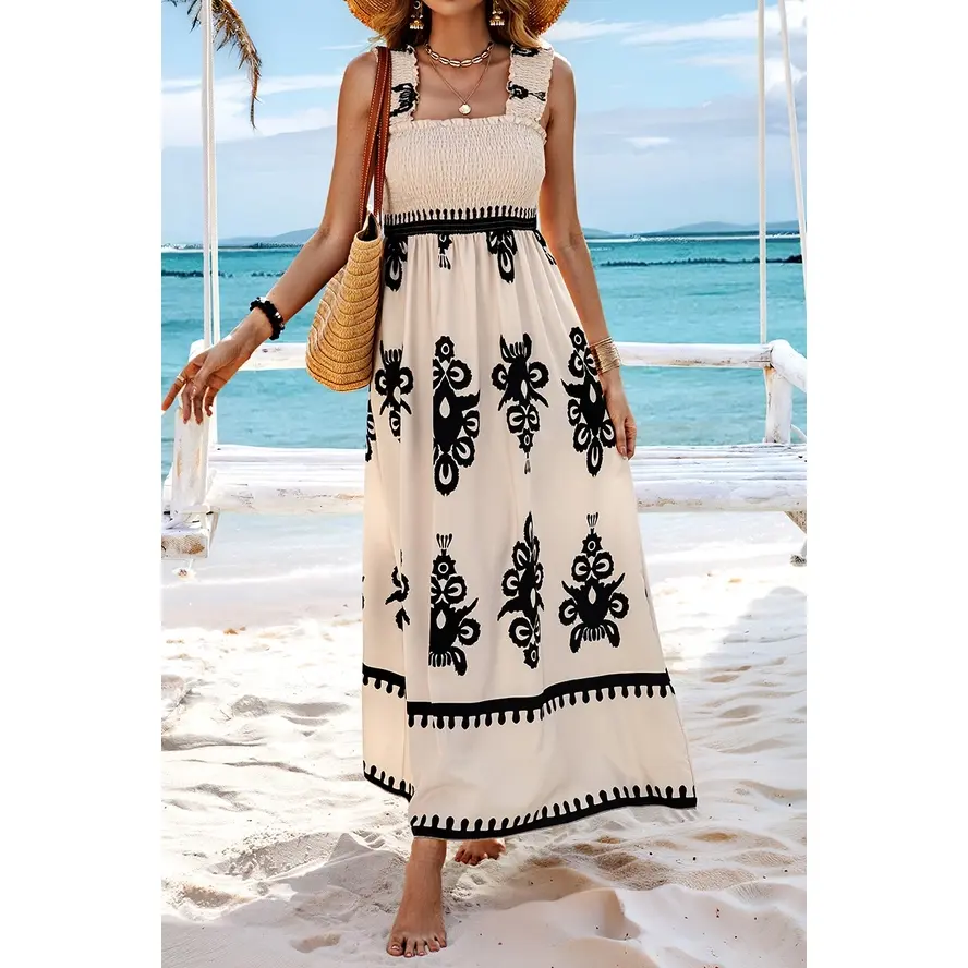 Miniature : Ruched Square Neck Sleeveless High Waist Dress