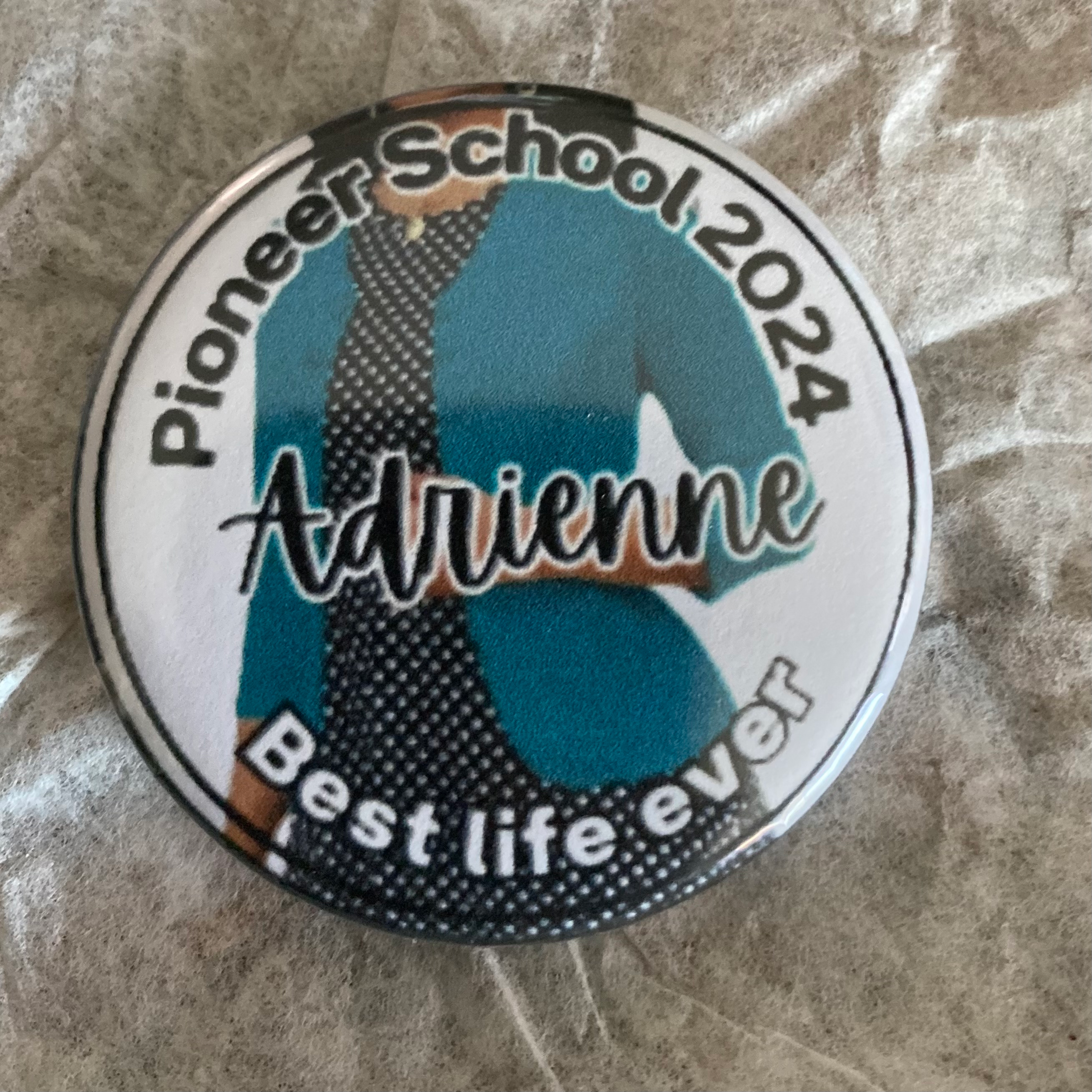 Pioneer School Button with Name Woman