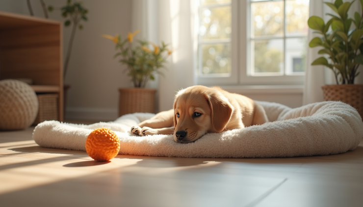 Eye-level view of a cozy puppy corner with soft bedding and toys