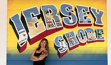 Greetings from the Jersey Shore Mural located at the Jersey Shore Premium Outlets in Tinton Falls, NJ. Postcard style mural painting by Michelle Ricalde, Jersey Girl Art