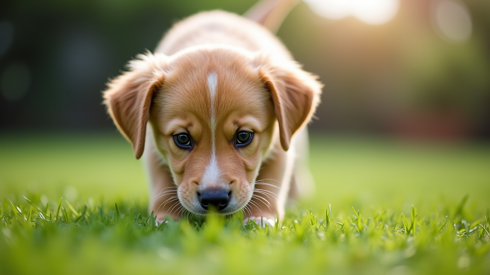 Close-up view of a puppy sniffing grass in a garden during house training