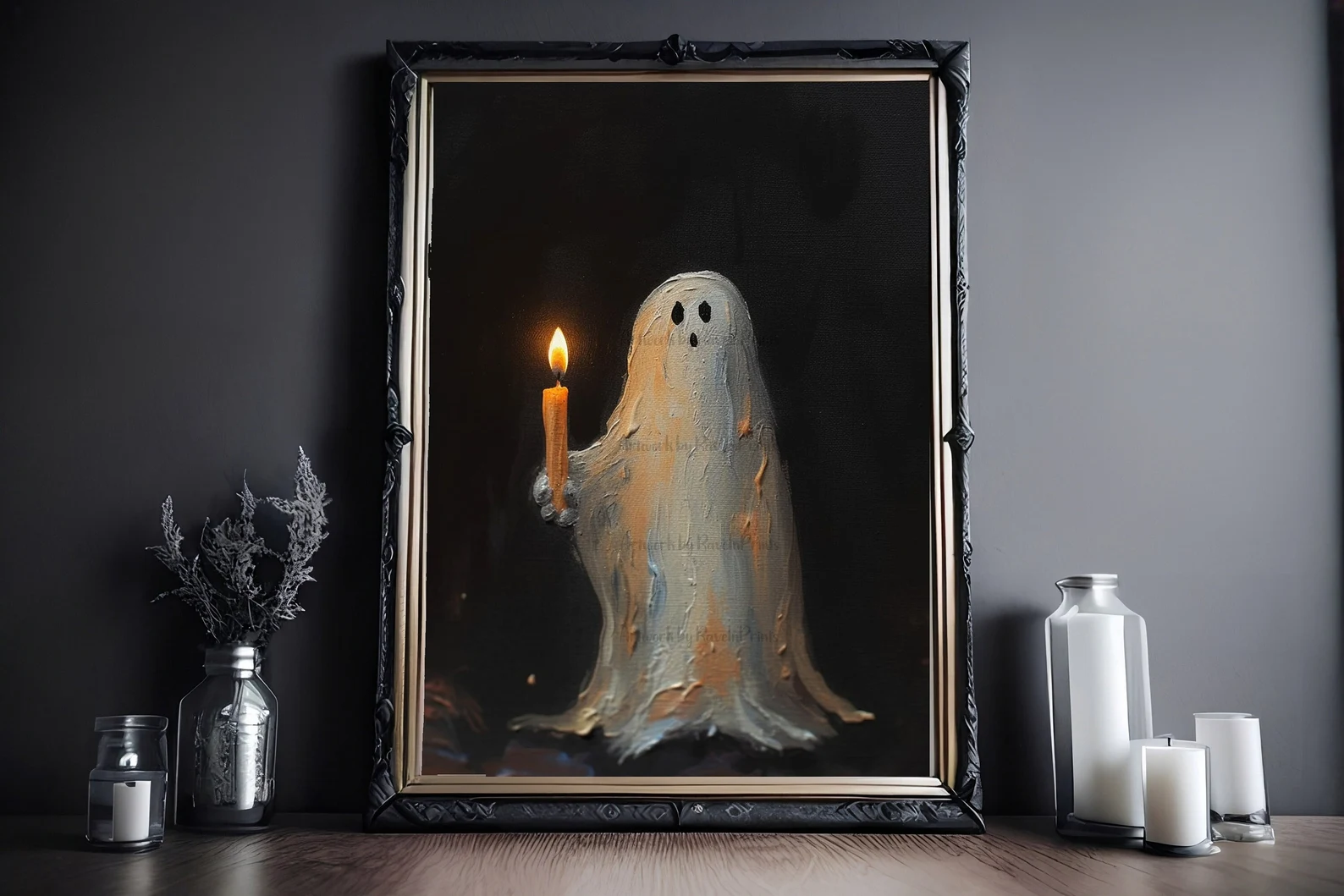 halloween ghost holding a candle art print