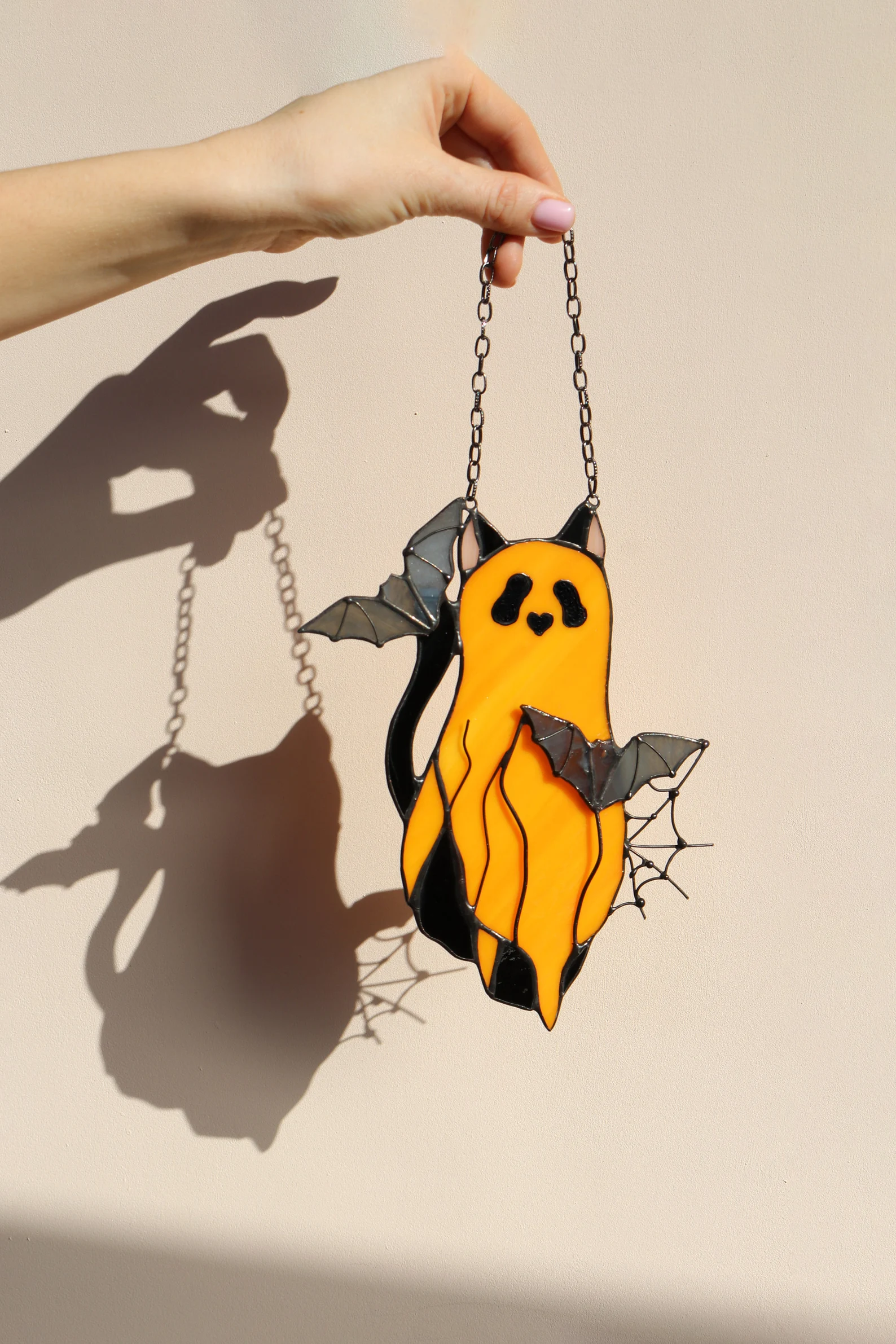 ghost cat and bat stained glass suncatcher