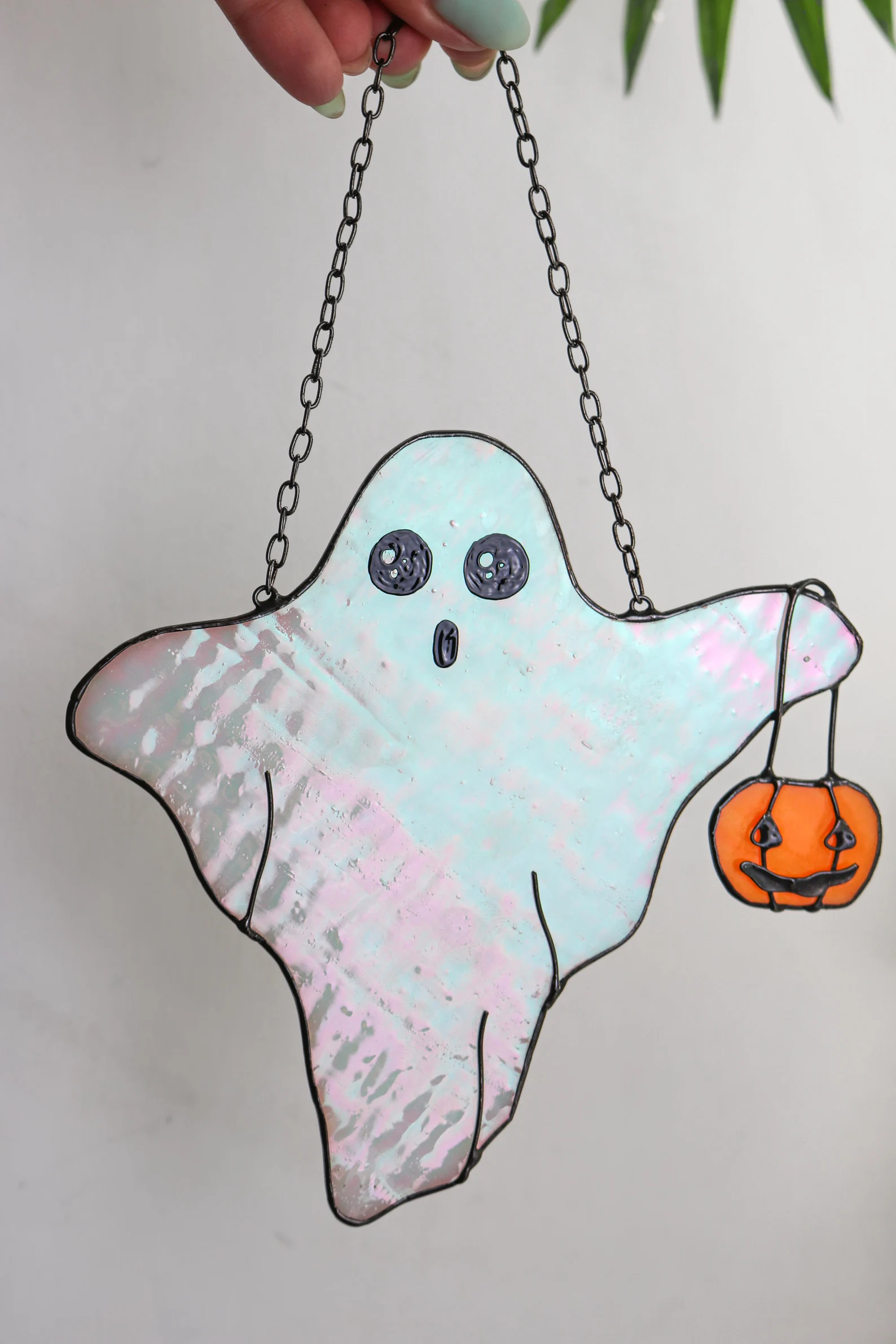 trick or treating ghost shaped stained glass