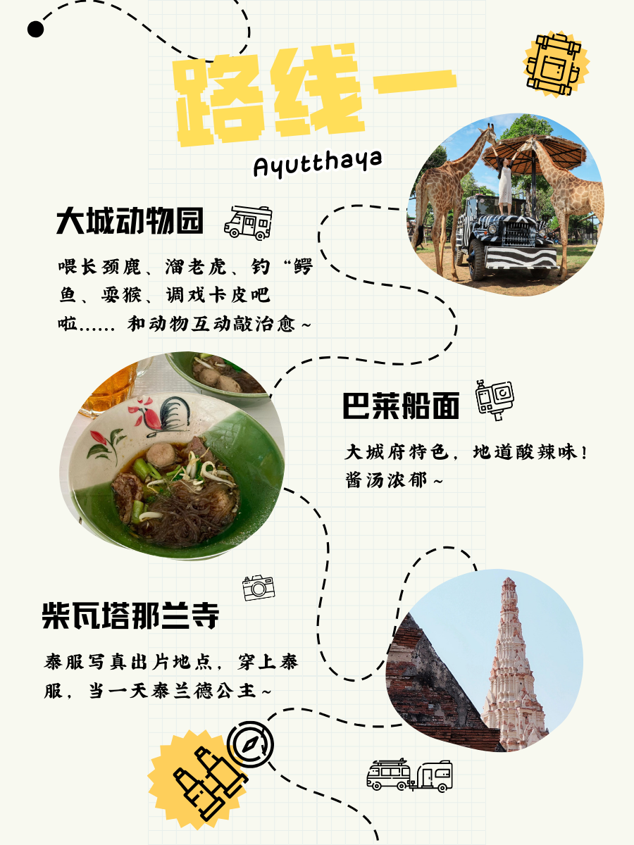 📍 路線1:萌寵+古跡+泰妝大片✅ 曼谷→ 大城動物園(喂長頸鹿超治愈!)→ 巴菜船面(地道酸辣味!)→ 柴瓦塔那蘭寺(穿泰服拍夕陽大片📸)→ 回曼谷逛夜市!