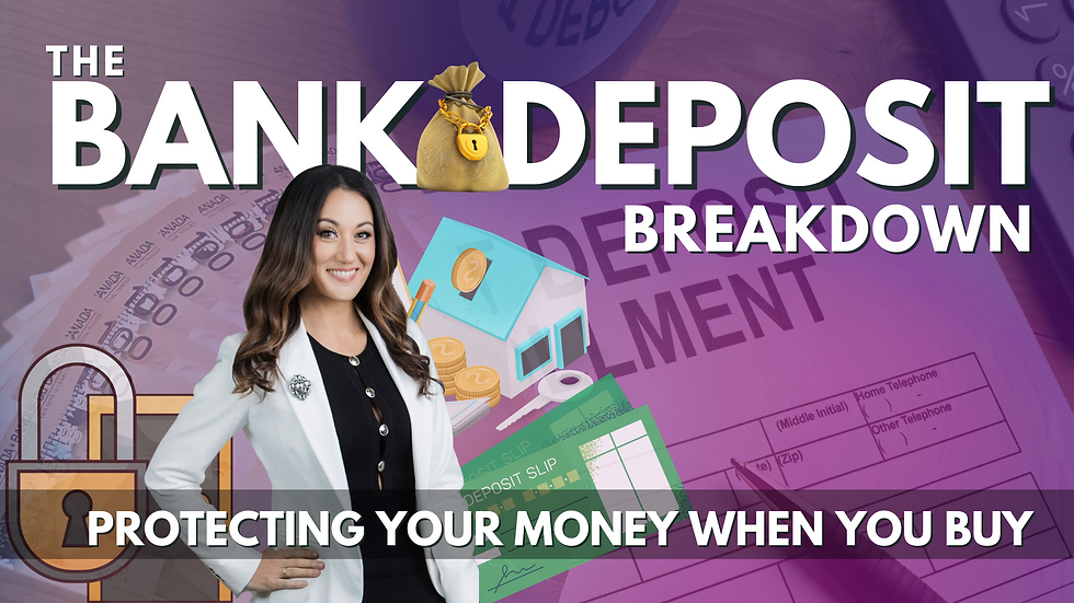 A smiling real estate agent, Erin Price Emery, standing in front of a modern home. Bold text overlay reads: ‘Home Buying Deposits Explained in BC’. Background shows a house key and contract illustration to emphasize real estate