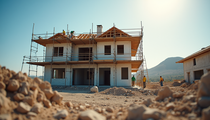 Eye-level view of a construction site showing a partially built house with scaffolding and workers