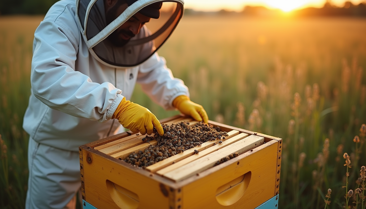 High angle view of a beekeeper treating a hive for Varroa mites