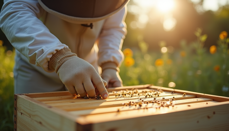 Close-up view of a beekeeper inspecting a wooden beehive box in a garden