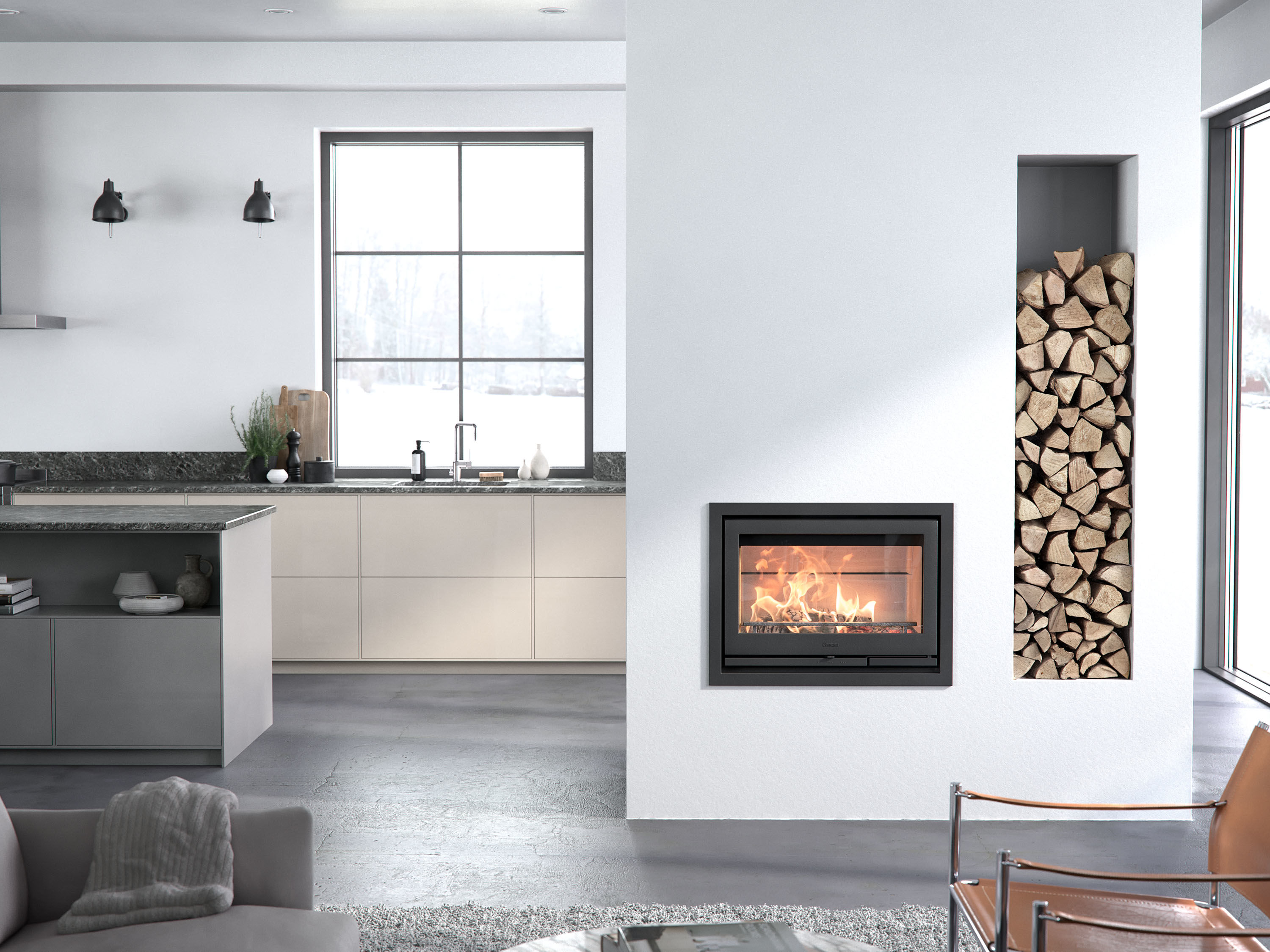 Contura i7 Inset Woodburner in Kitchen with tall wood store to the right hand side