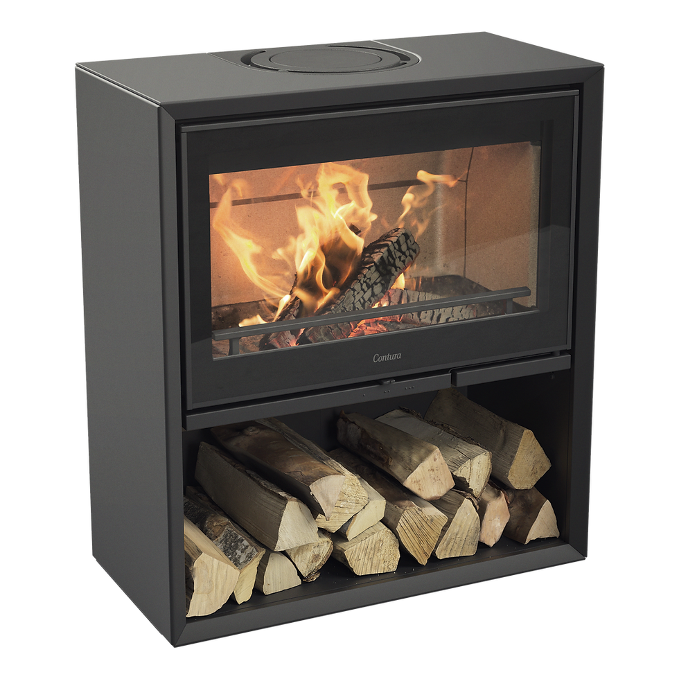 Thumbnail: Contura 310 G woodburning stove in Black with log store underneath