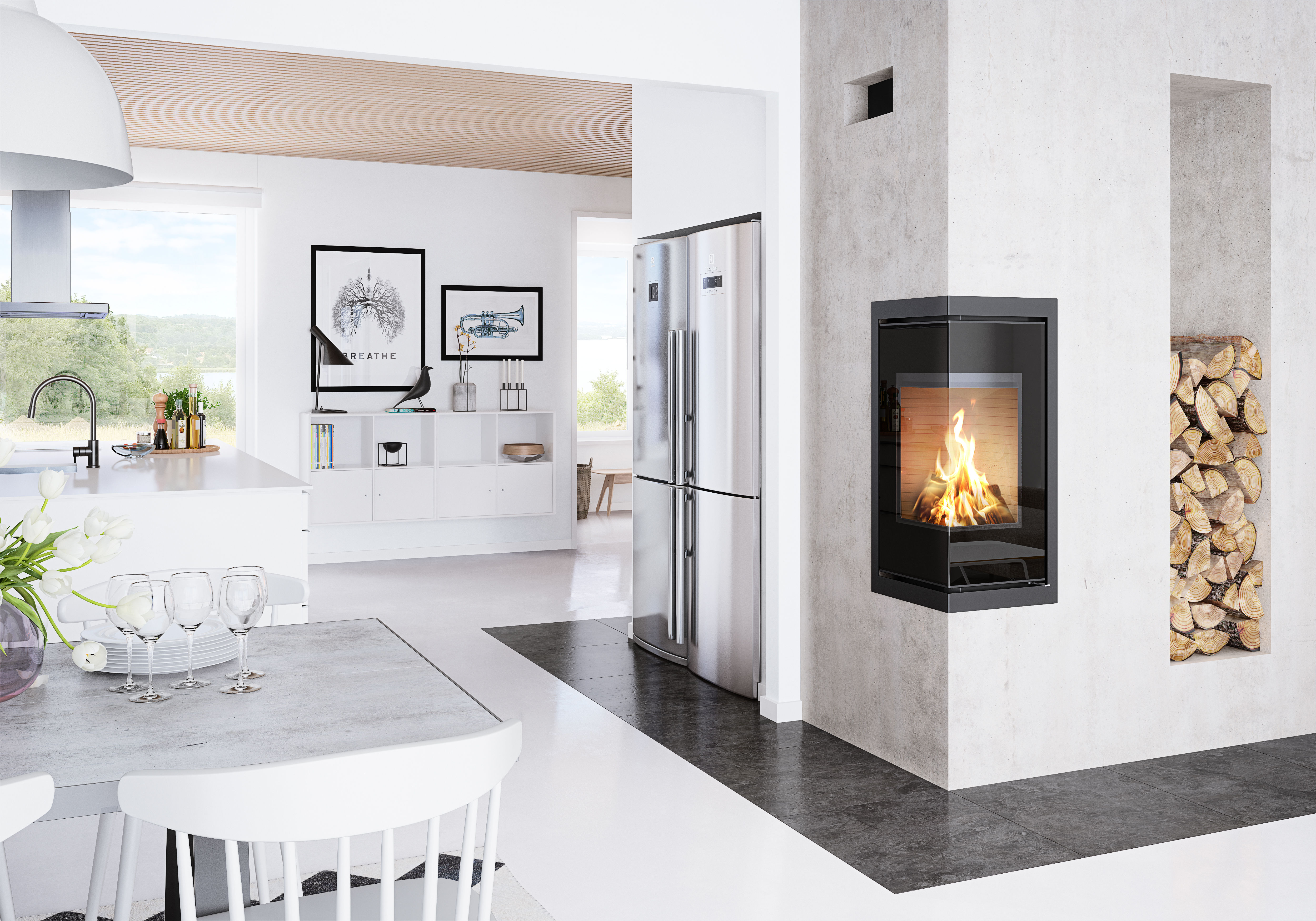 Lit Rais Q-Be Insert in a modern white wall placed between kitchen and dining room