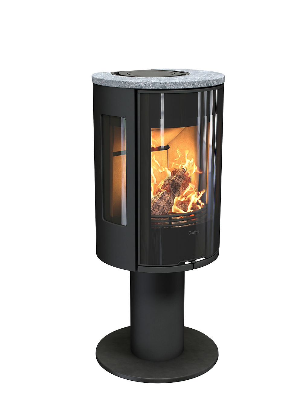 Thumbnail: Contura 586 Style Woodburner in Black with side glass panels, glass door and soapstone top on a pedestal