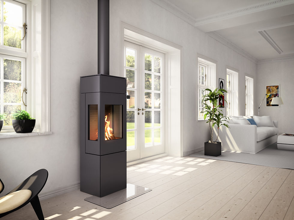 Thumbnail: Lit Rais Nexo 140 Woodburning stove in platinum in a spacious lounge with large windows overlooking the garden