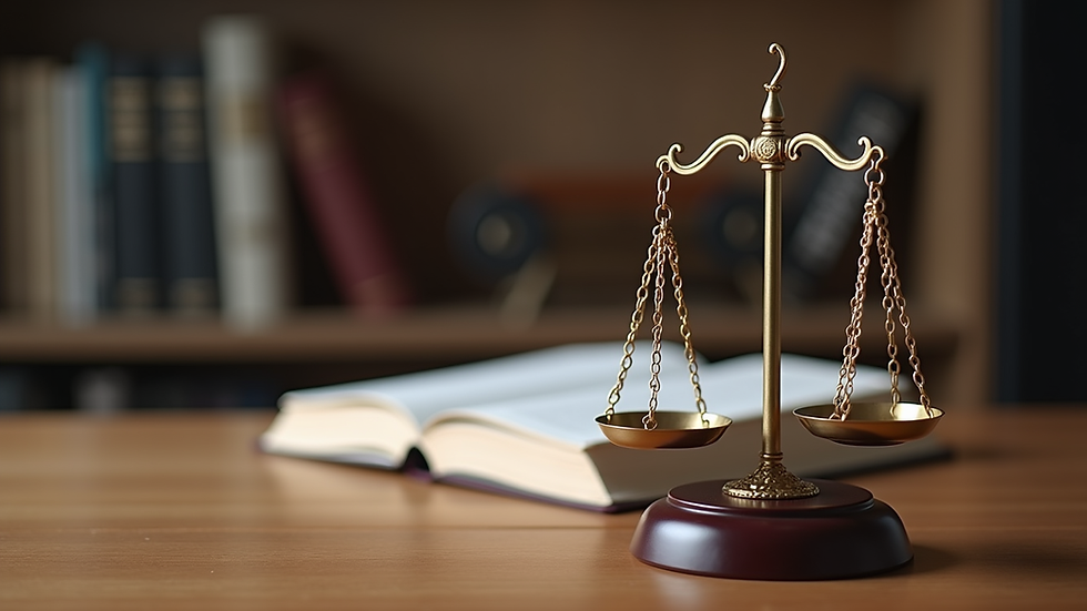 Close-up view of legal books and scales of justice on wooden table