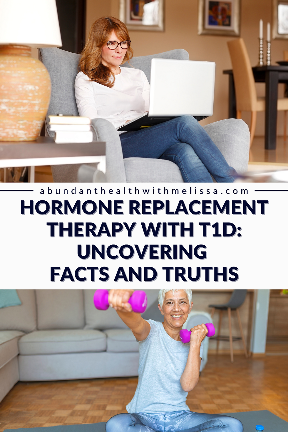 Woman sitting on couch looking at laptop and woman holding weights.