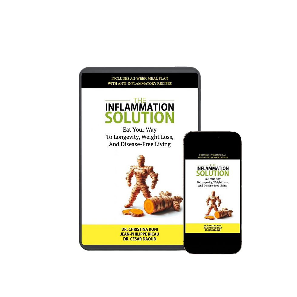 Book and phone showing "The Inflammation Solution" cover. Features a gingerbread figure. Text promotes longevity and weight loss.