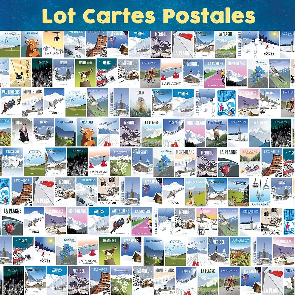 Mosaïque de nombreuses cartes postales vintage illustrant les stations de ski et montagnes de Savoie.