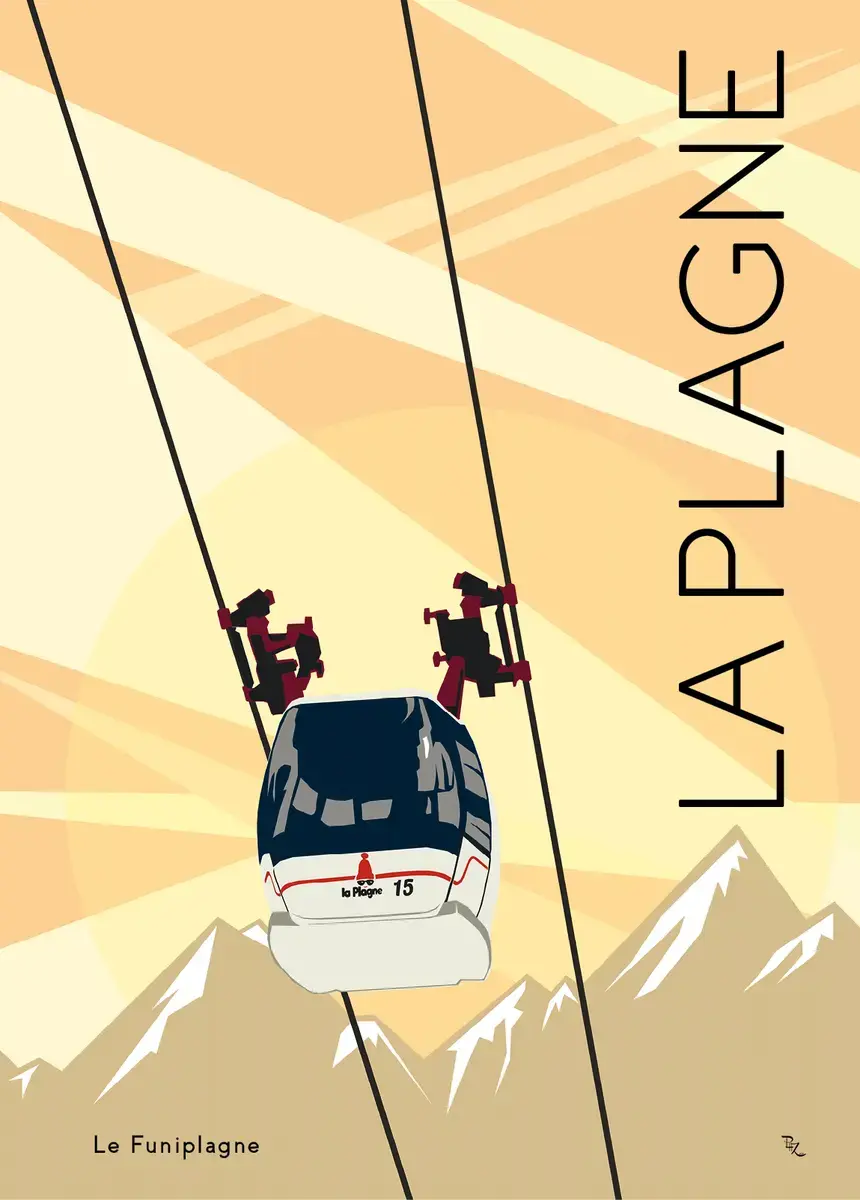 Illustration graphique au style vintage de la cabine blanche et bleue du Funiplagne de La Plagne, suspendue au-dessus des mon