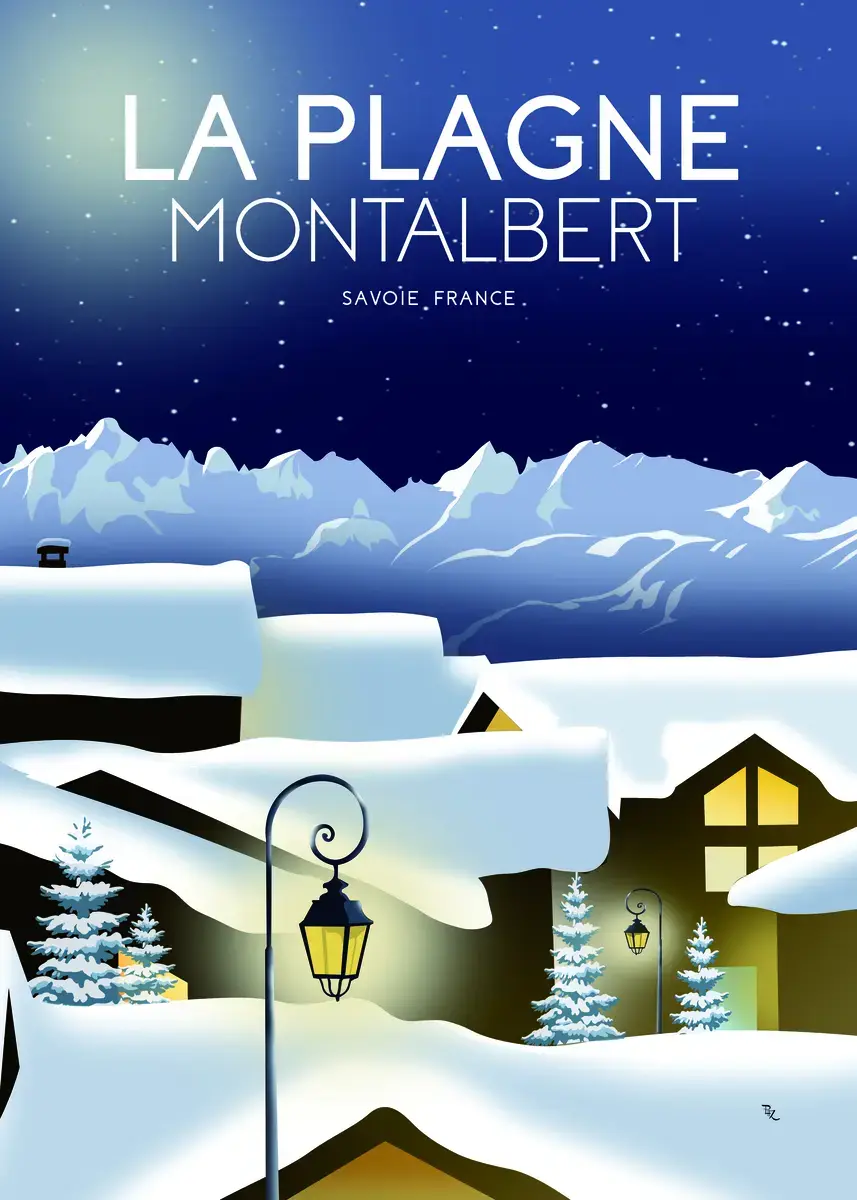 Affiche vintage village de Plagne Montalbert de nuit hiver - Posters de Savoie