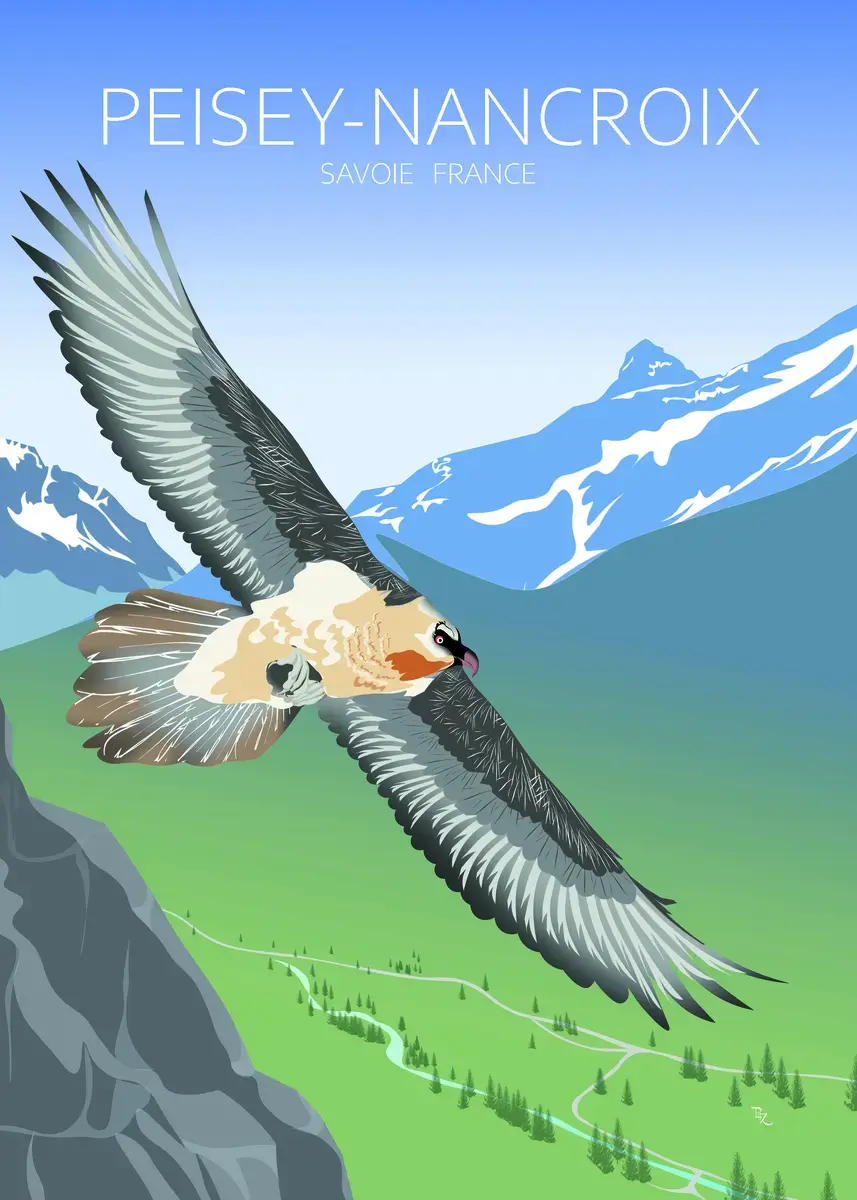 Illustration graphique d'un Gypaète barbu en plein vol au-dessus de la vallée verdoyante de Peisey-Nancroix, avec la Pointe d
