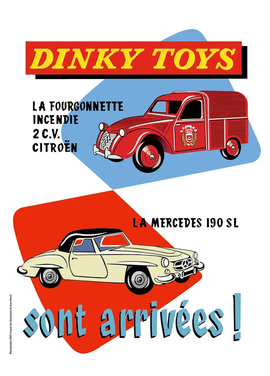 Reproduction d'une affiche promotionnelle vintage Dinky Toys illustrant une 2CV Citroën Fourgonnette Incendie rouge et une Me