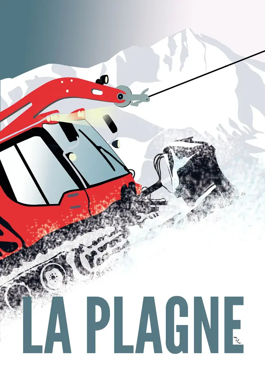 Affiche vintage d'une dameuse rouge au travail sur les pistes de La Plagne.