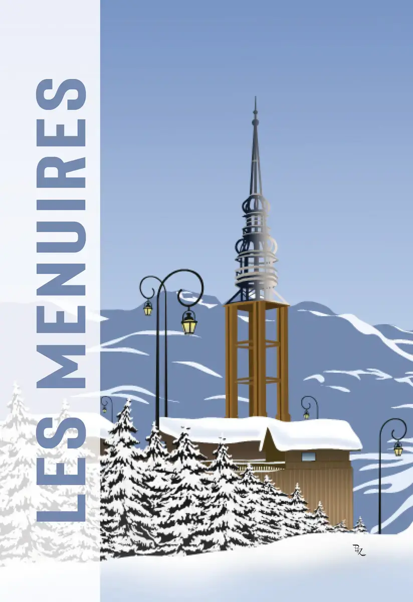 Affiche vintage clocher architecture station de montagne Les Menuires - Posters de Savoie