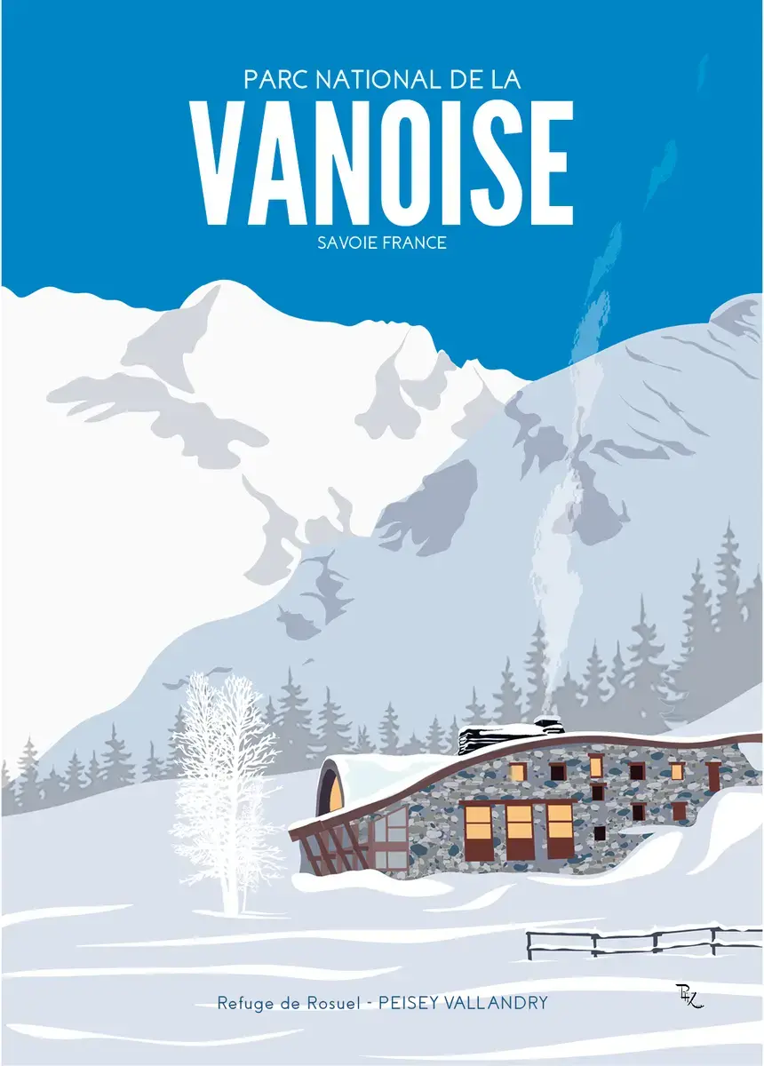 Illustration hivernale du Refuge de Rosuel en pierre sous la neige, porte d'entrée du Parc National de la Vanoise à Peisey-Va