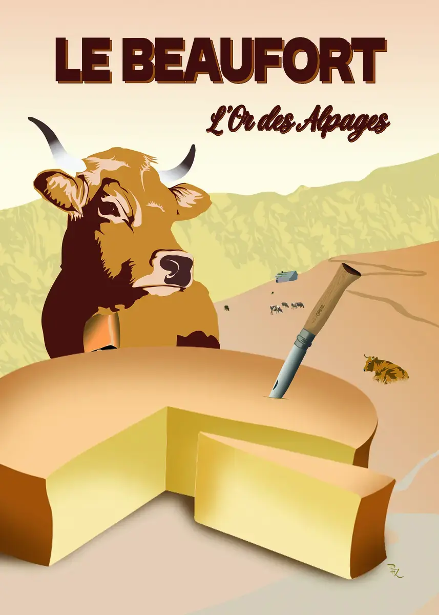 Illustration graphique au style vintage d'une meule entamée de fromage Beaufort avec un couteau, accompagnée d'une vache Tari