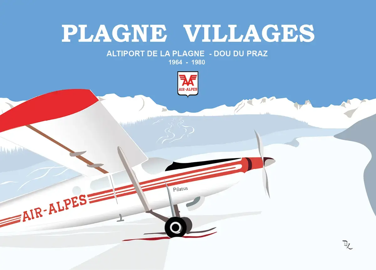 Affiche vintage d'un avion Pilatus Air-Alpes sur l'ancien altiport de La Plagne.