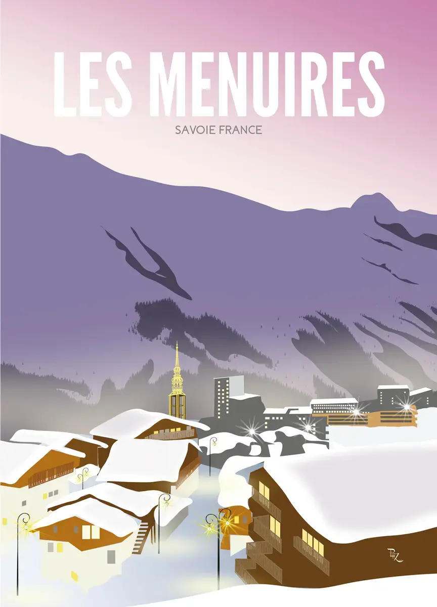 Illustration hivernale de la station des Menuires au crépuscule, avec des chalets aux fenêtres chaleureusement illuminées sou