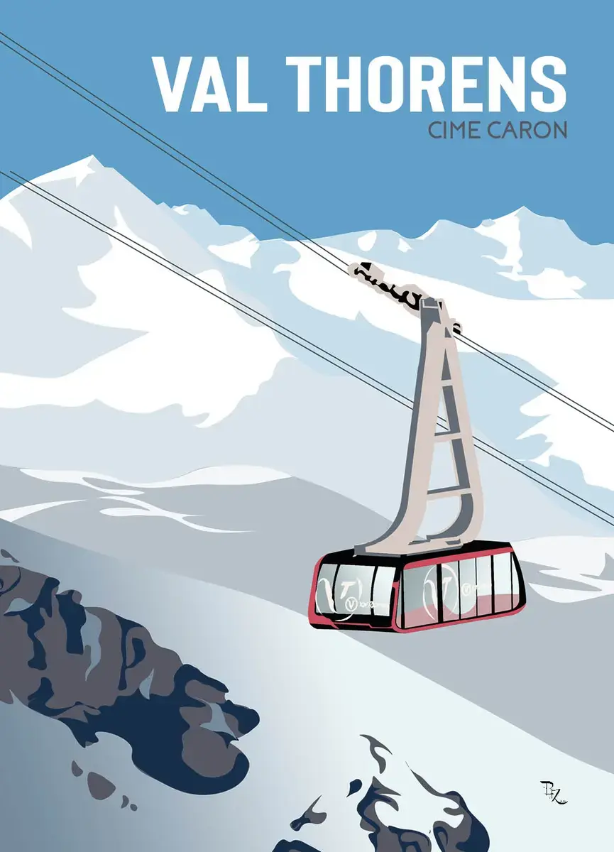 Illustration graphique au style vintage du grand téléphérique rouge de la Cime Caron survolant les sommets enneigés et rocheu