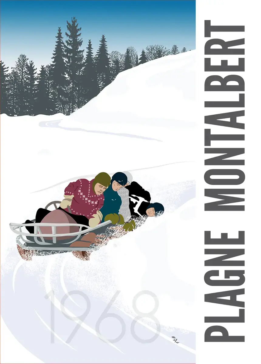 Illustration graphique au style vintage de trois personnes dévalant une route enneigée à bord d'un bobsleigh rétro, avec l'in