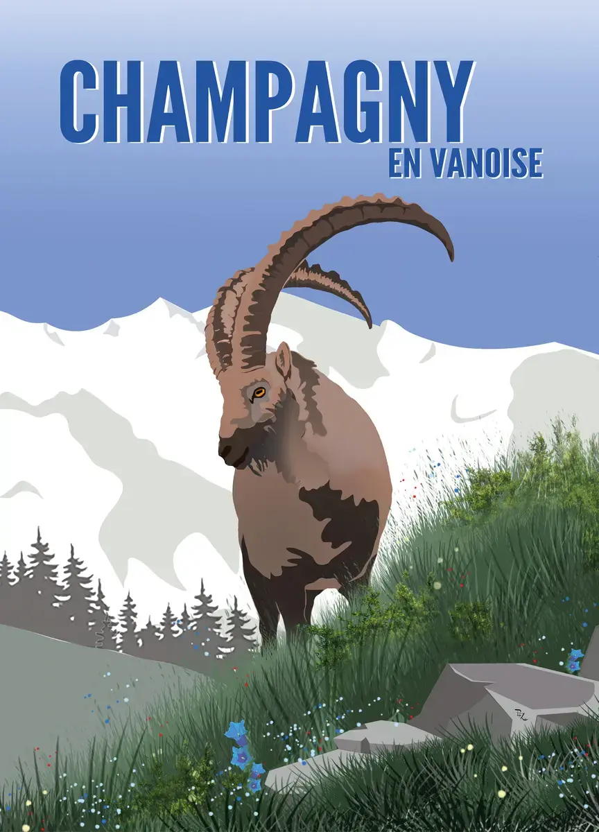 Illustration graphique au style vintage d'un grand bouquetin des Alpes de profil dans les alpages de Champagny en Vanoise, av