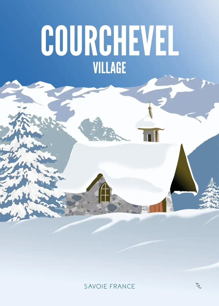 Affiche vintage chapelle de montagne à Courchevel - Posters de Savoie