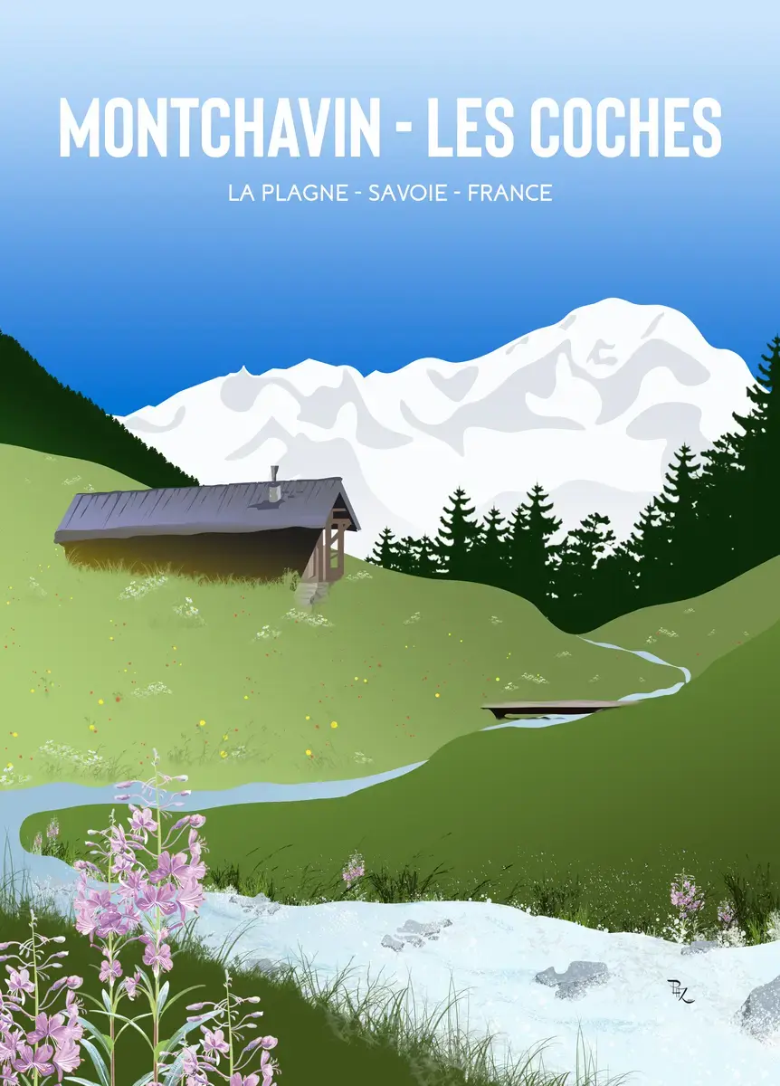 Affiche vintage de Montchavin Les Coches en été face au Mont-Blanc.