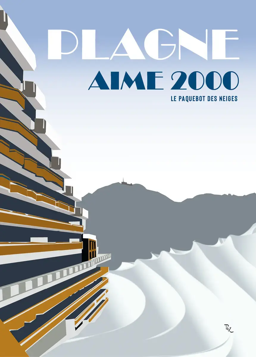 Affiche vintage de l'immeuble moderniste Aime 2000, le paquebot des neiges à La Plagne.