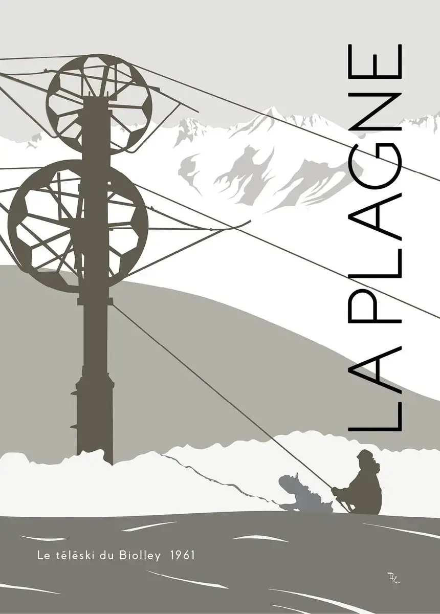 Illustration graphique monochrome au style vintage du téléski historique du Biolley de 1961 à La Plagne, montrant la mécaniqu