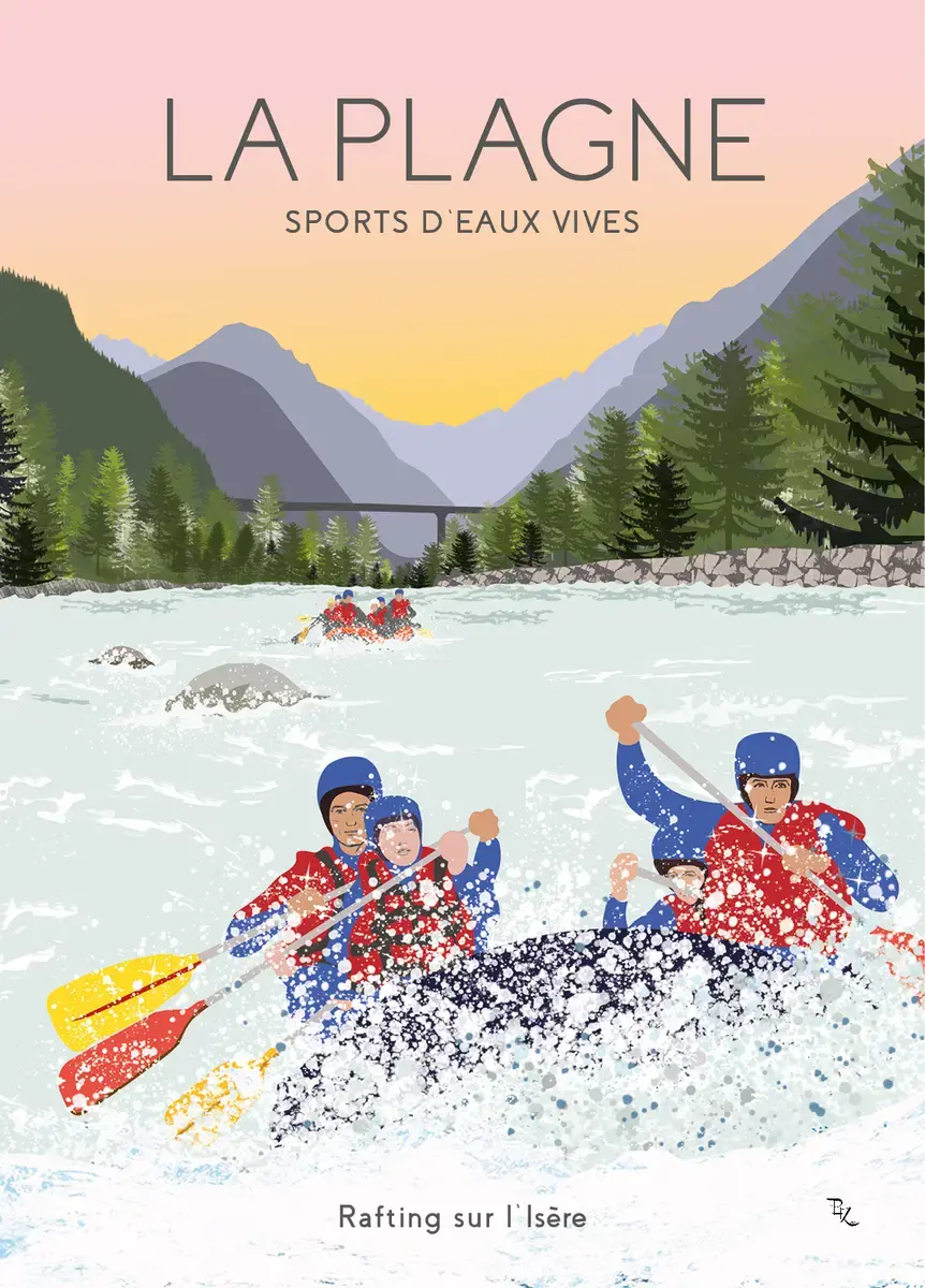 Illustration graphique de sportifs faisant du rafting dans les rapides de la rivière de l'Isère, avec les montagnes de La Pla