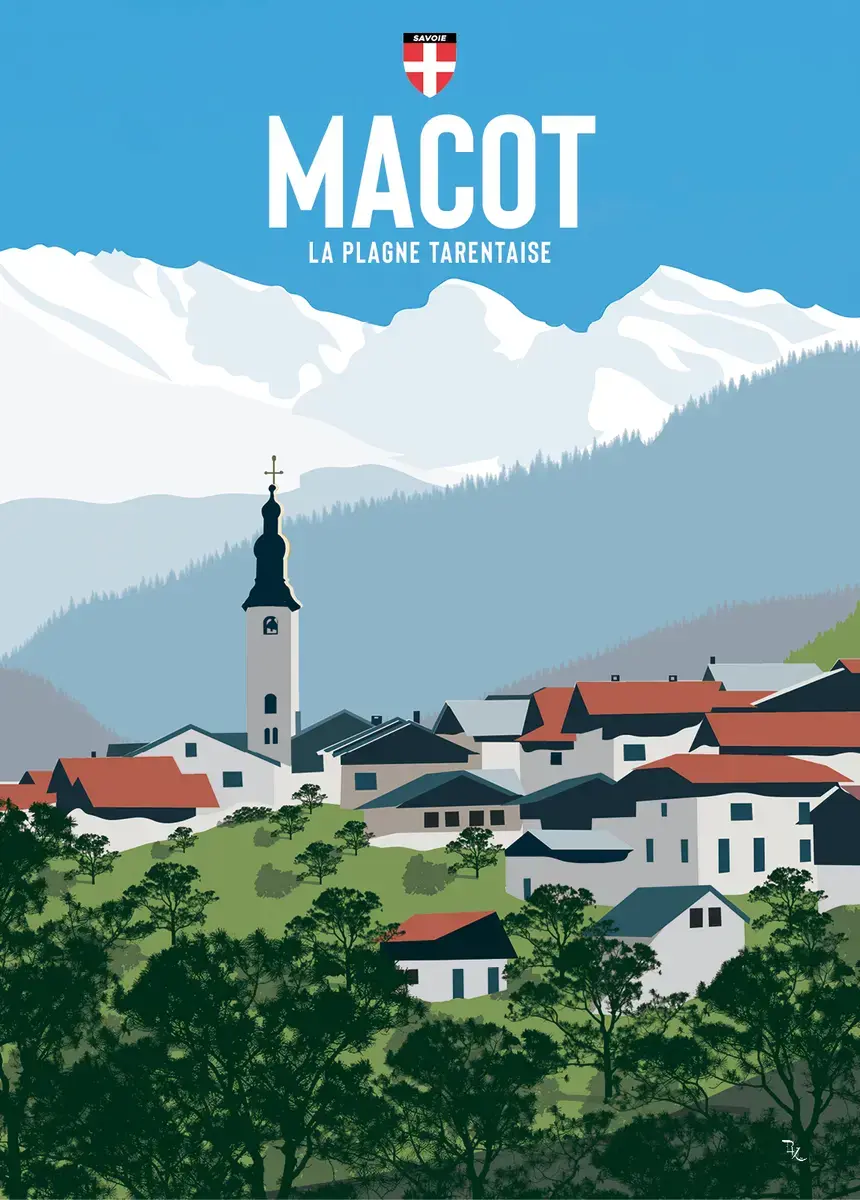 Illustration estivale au style vintage du village de Macot en Savoie, avec son clocher à bulbe, ses toits rouges, la forêt ve