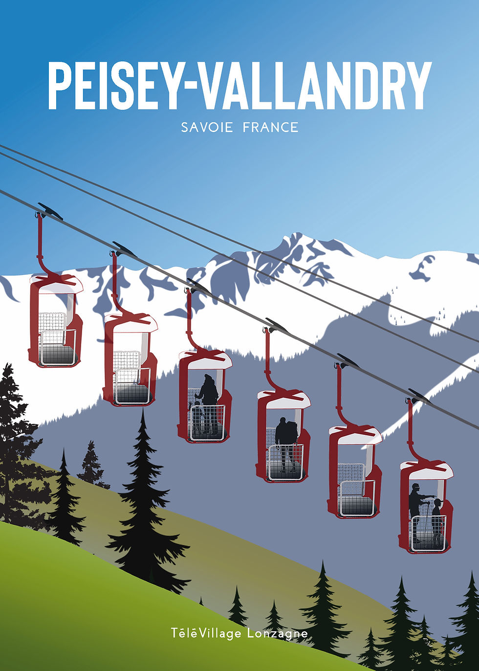 Affiche vintage des célèbres paniers rouges du TéléVillage Lonzagne en ascension à Peisey-Vallandry.
