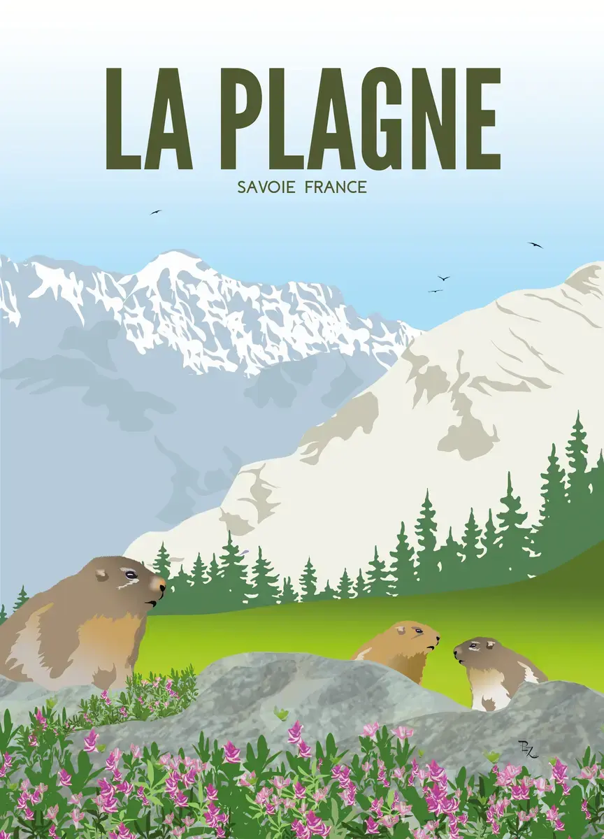Illustration vintage de trois marmottes dans un alpage fleuri avec les montagnes enneigées de La Plagne en arrière-plan.